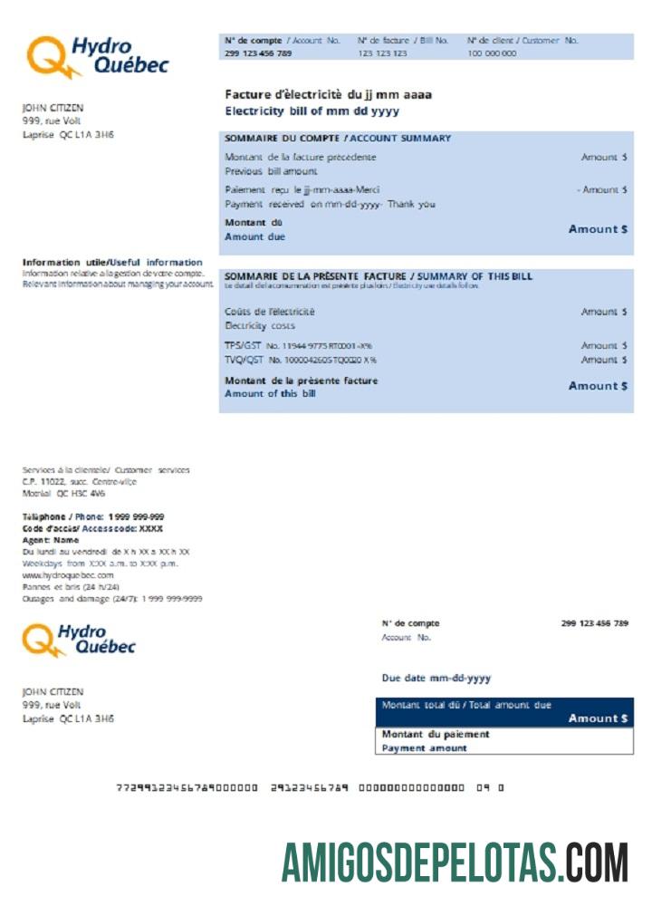 em branco Modelo de conta de serviços públicos da Canada Hydro Québec em formato .doc e .pdf